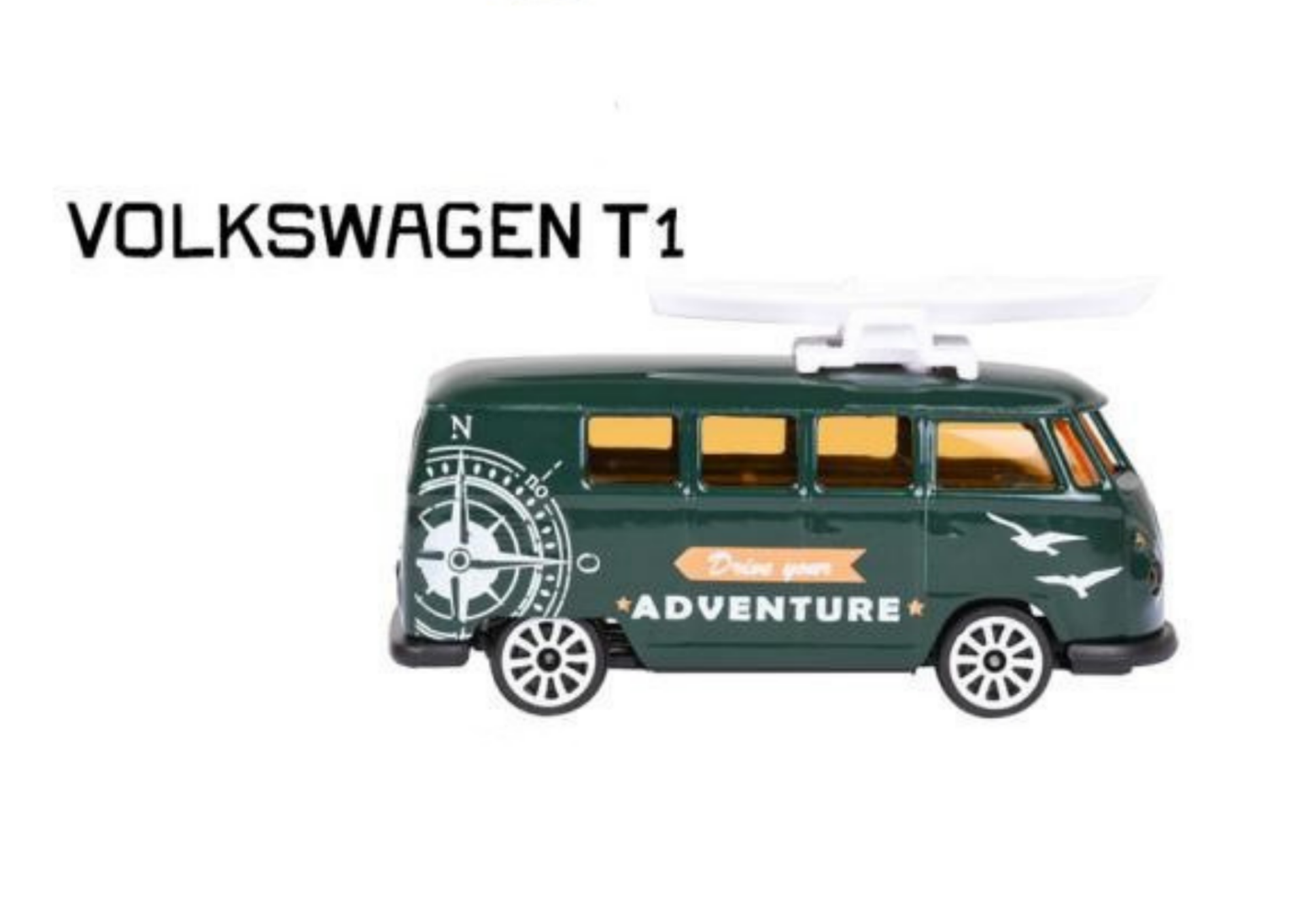 Model samochodu Volkswagen T1 w ciemnozielonym kolorze z białymi napisami \'Drive your ADVENTURE\' i grafiką kompasu. Na dachu znajduje się biały element przypominający deskę surfingową.
