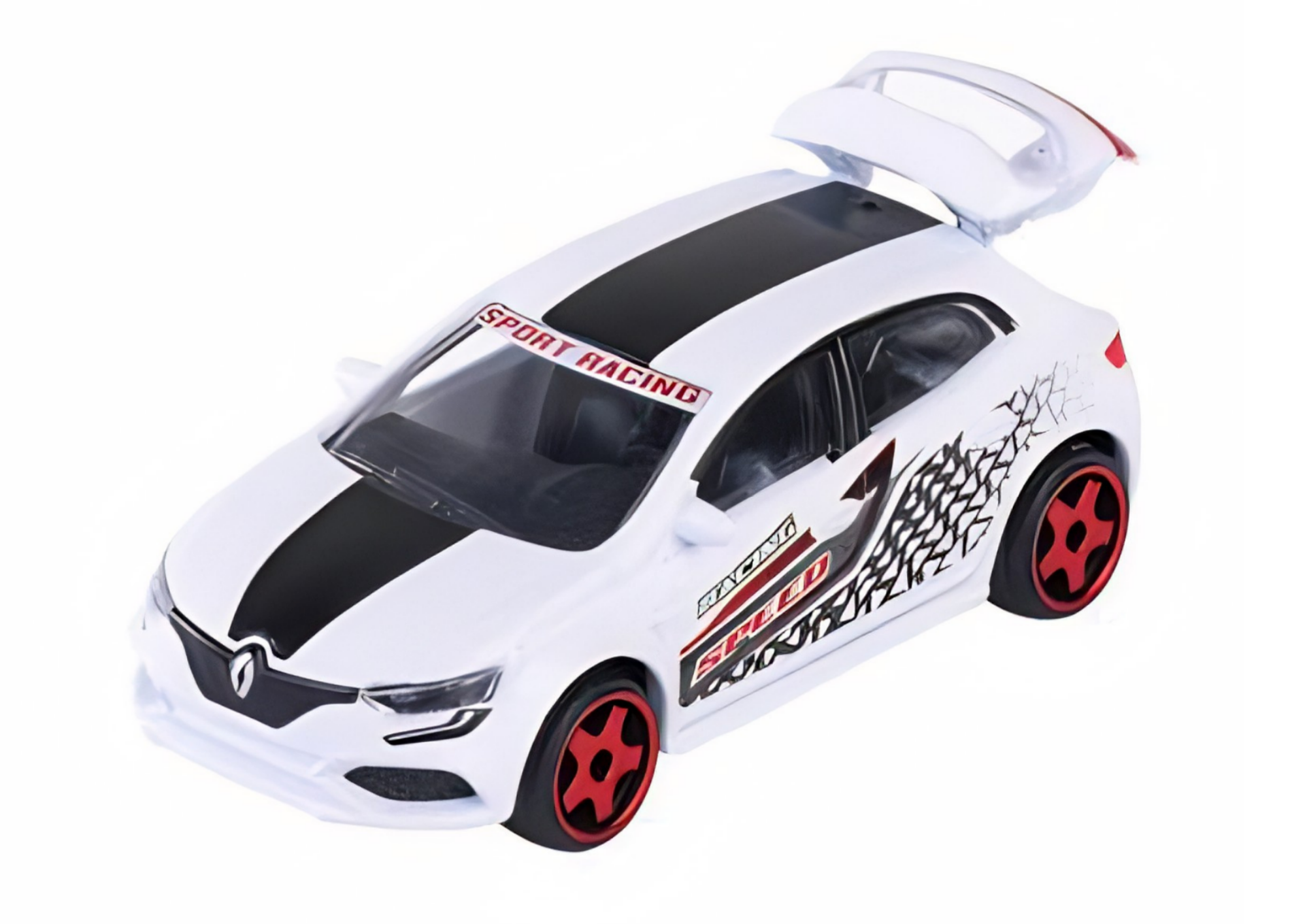 Model samochodu wyścigowego w skali 1:64, biały z czarnymi i czerwonymi detalami, posiada napis \'SPORT RACING\' na masce. Na boku widoczne są napisy \'RACING\' i \'SPEED\' oraz wzór przypominający ślady opon.