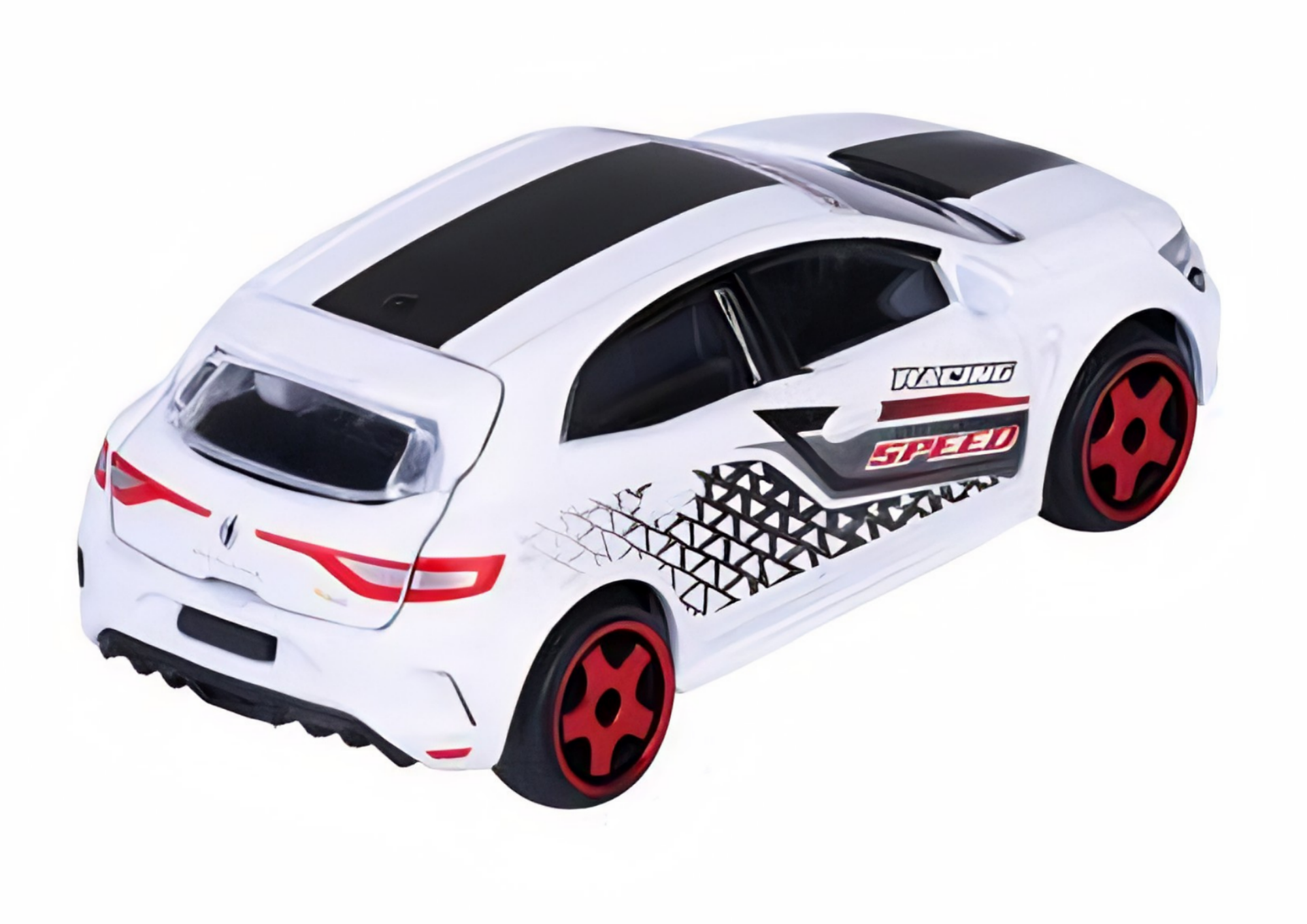 Model samochodu w skali 1:64, biały z czarnymi i czerwonymi elementami, z napisem \'RACING SPEED\' na boku. Posiada czerwone felgi i czarne wzory na bokach.