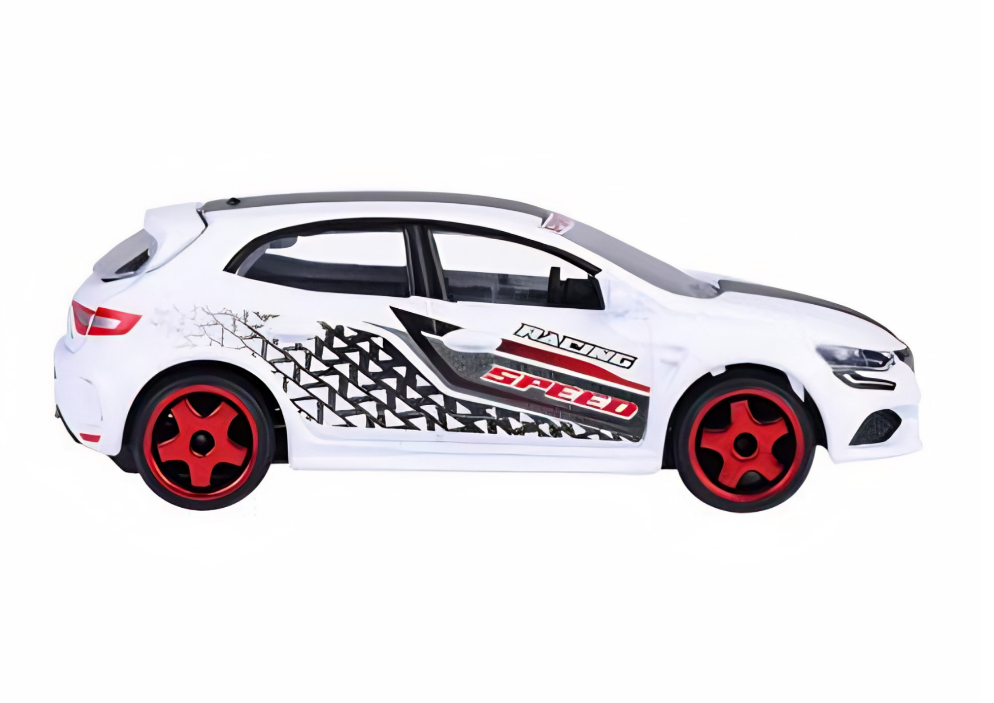 Model samochodu w skali 1:64, przedstawiający biały pojazd z czerwonymi felgami i czarnymi wzorami na bokach. Na drzwiach widnieje napis \'RACING SPEED\'.