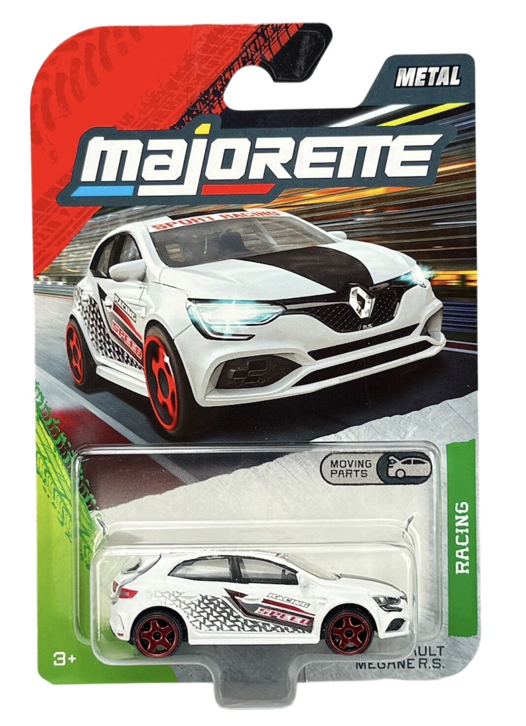 Opakowanie z metalowym modelem samochodu Majorette Racing Renault Megane R.S. w kolorze białym z czerwonymi felgami. Na opakowaniu widnieje napis \'METAL\' oraz \'MOVING PARTS\'.