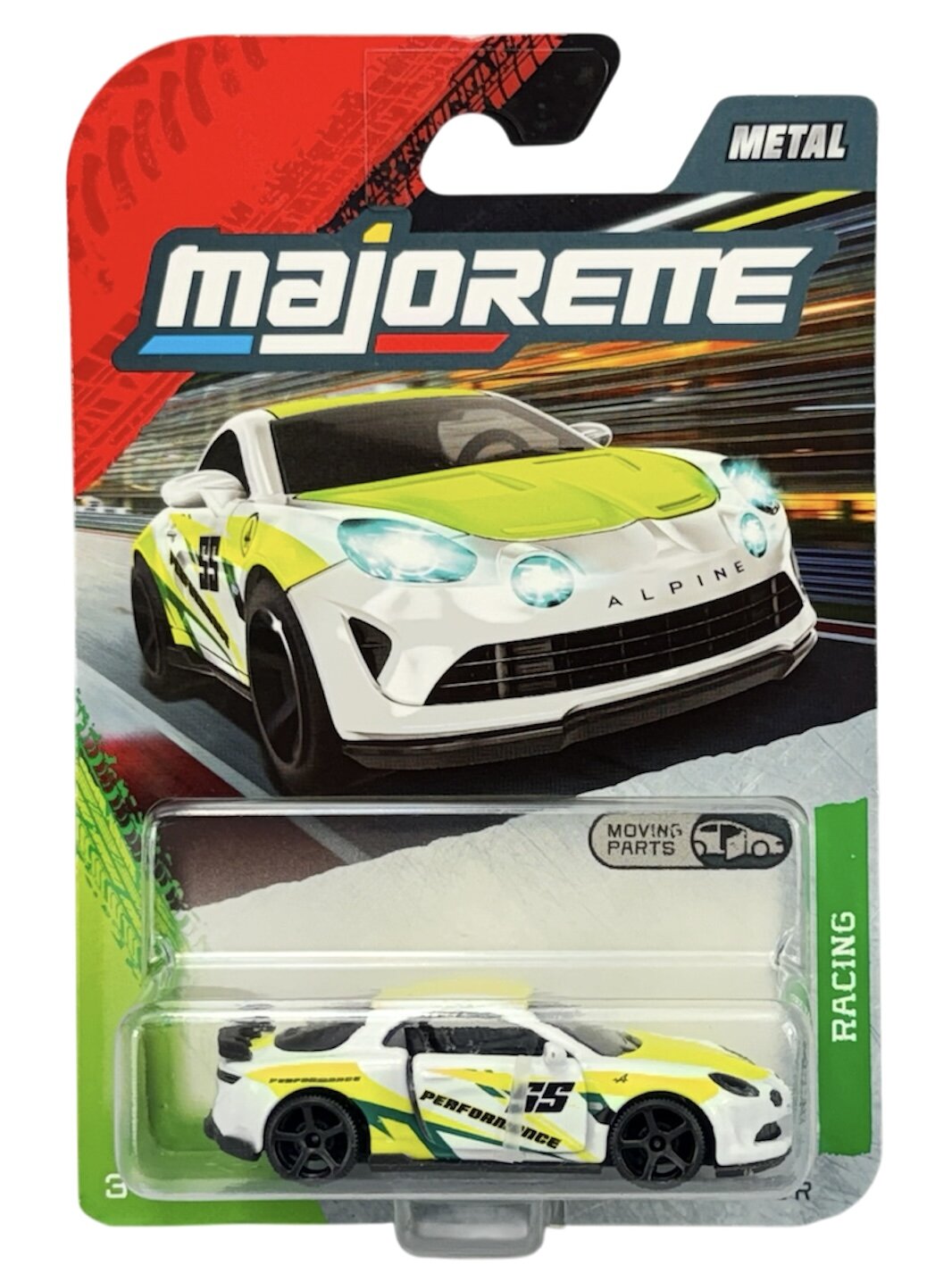Opakowanie z metalowym modelem samochodu Majorette Racing Alpine A110R w kolorze żółtym i białym. Na opakowaniu widnieje napis \'MAJORETTE\', \'ALPINE\', \'RACING\' oraz \'MOVING PARTS\'.