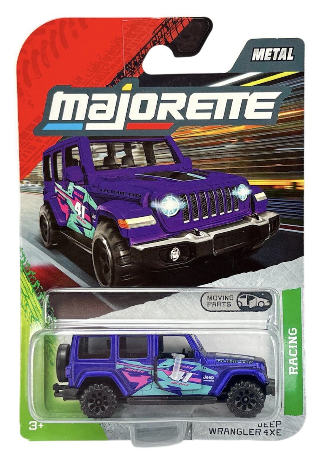 Opakowanie z metalowym modelem samochodu Majorette Racing Jeep Wrangler 4XE w kolorze fioletowym, z widocznymi napisami \'RUBICON\' i \'41\'. Na opakowaniu znajduje się logo \'Majorette\' oraz oznaczenie \'METAL\' i \'MOVING PARTS\'.