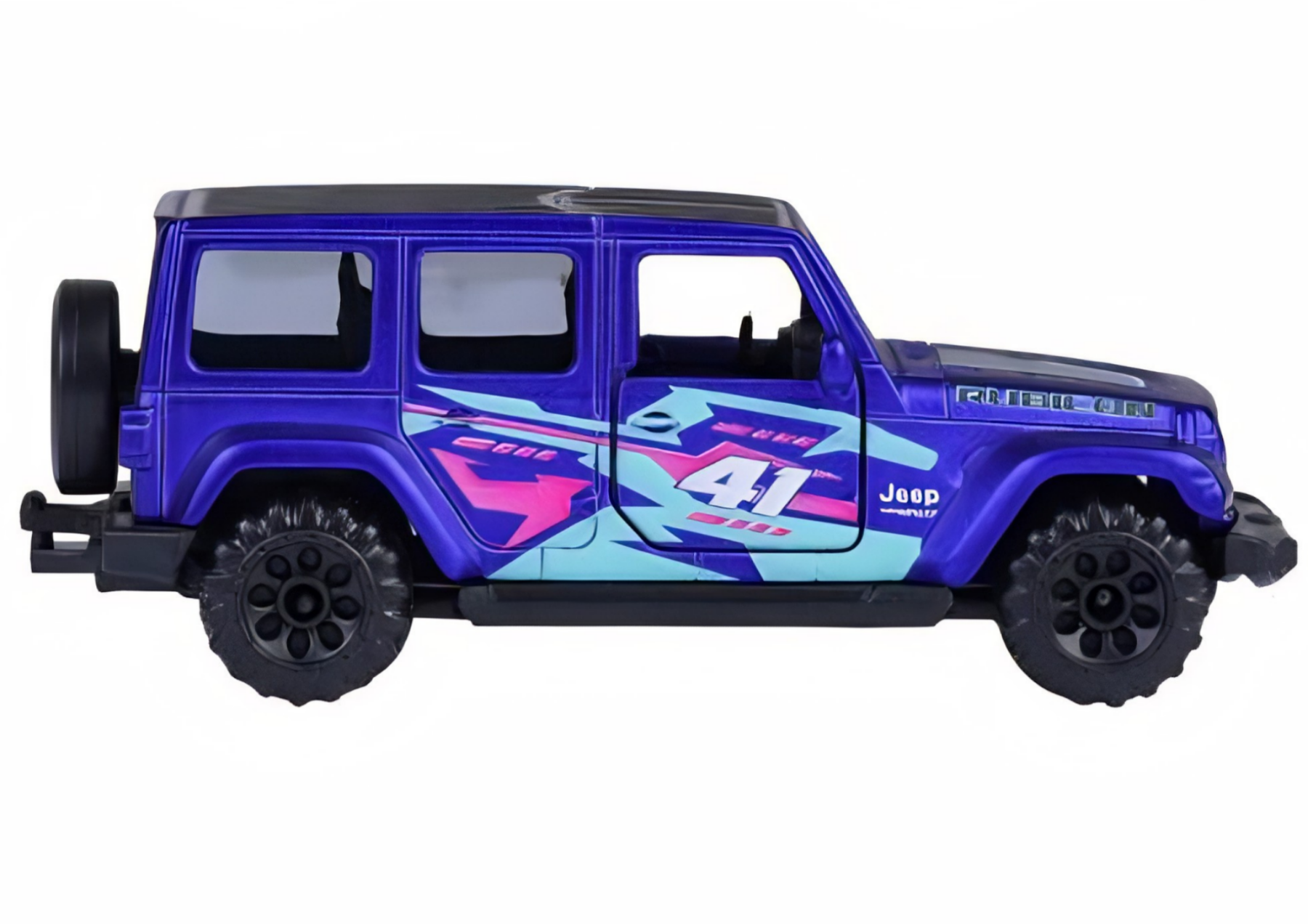 Model samochodu Jeep Wrangler w kolorze fioletowym z numerem 41 na boku i logo Jeep na drzwiach. Posiada czarne koła i kolorowe wzory na karoserii.