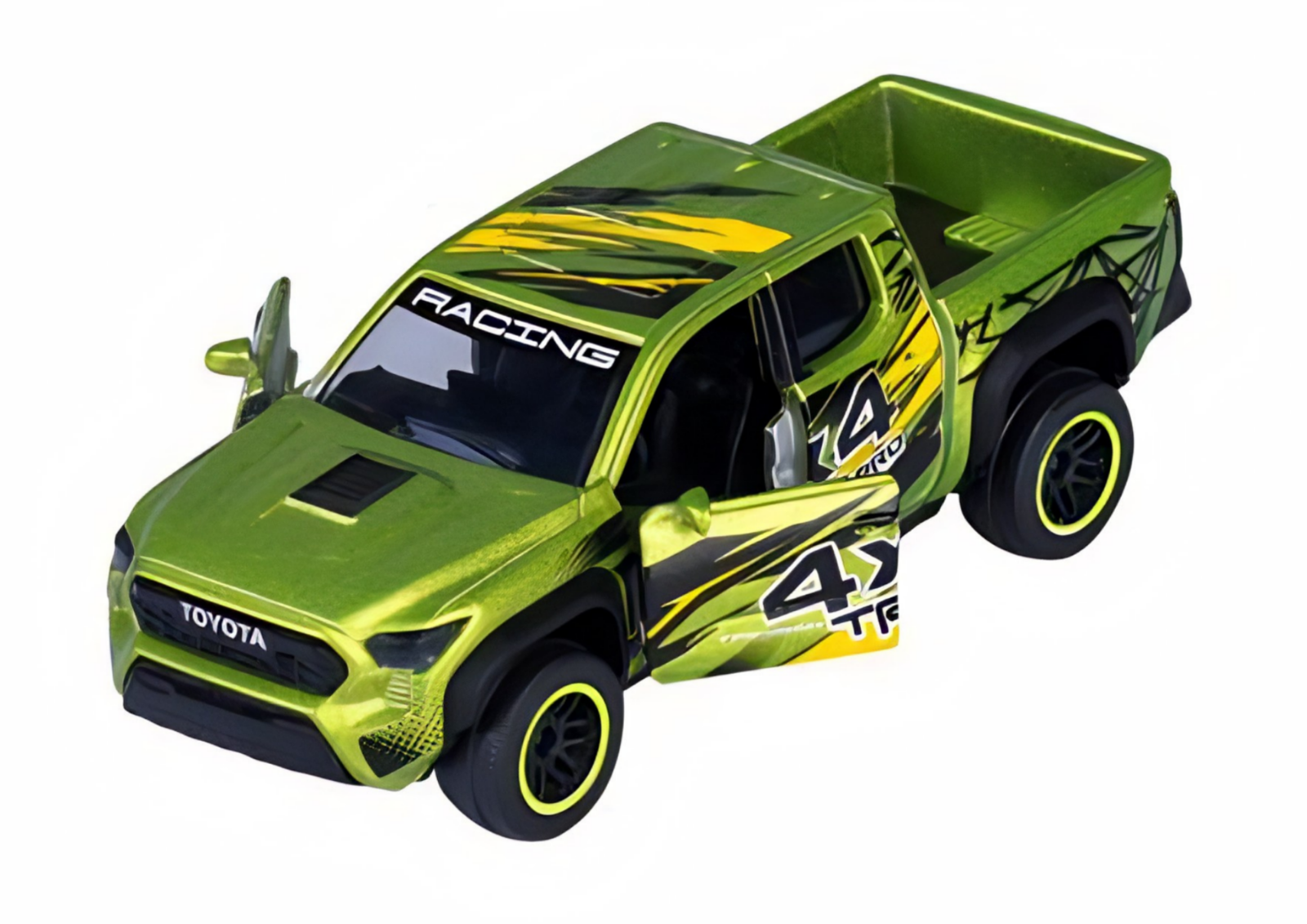 Zielony model samochodu z otwartymi drzwiami, ozdobiony czarnymi i żółtymi wzorami oraz napisami \'RACING\' i \'TOYOTA\'. Na boku widoczne są liczby \'4\' i \'4X4 TRD\'.