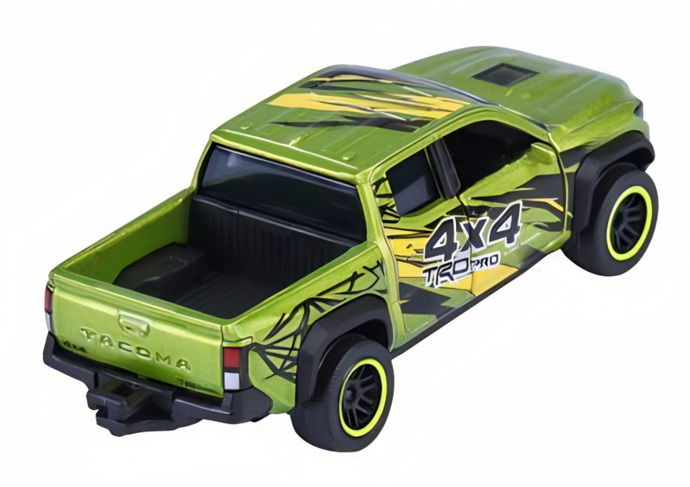 Zielony metalowy model samochodu z napisem \'4X4 TRD PRO\' na boku i \'TACOMA\' na tylnej klapie. Samochód ma czarne koła z zielonymi obręczami i czarnymi wzorami na karoserii.