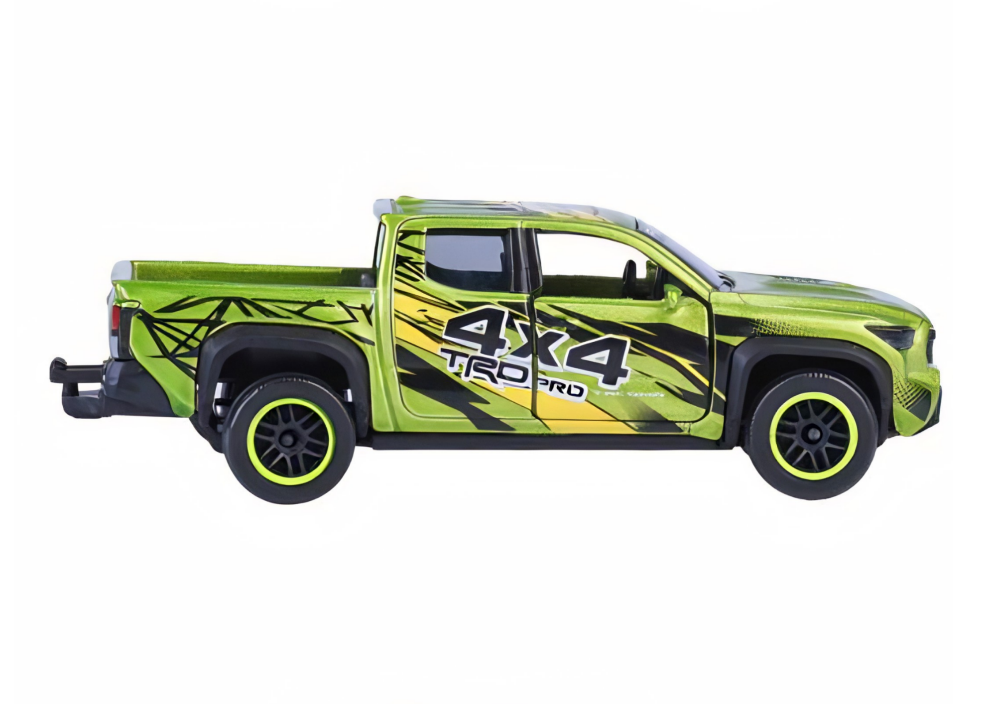 Zielony model samochodu terenowego z napisem \'4X4 TRD PRO\' na boku, posiada czarne i żółte detale oraz czarne koła z zielonymi obręczami.