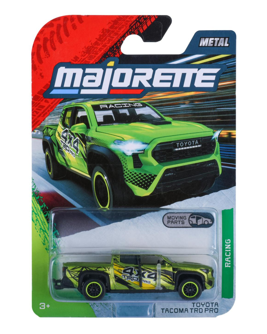 Opakowanie z metalowym modelem samochodu Majorette Racing Toyota Tacoma TRD PRO w kolorze zielonym, z widocznym logo \'Majorette\' i napisem \'4x4 TRD PRO\' na boku pojazdu. Na opakowaniu znajduje się również napis \'TOYOTA TACOMA TRD PRO\' oraz oznaczenie \'MOVING PARTS\'.