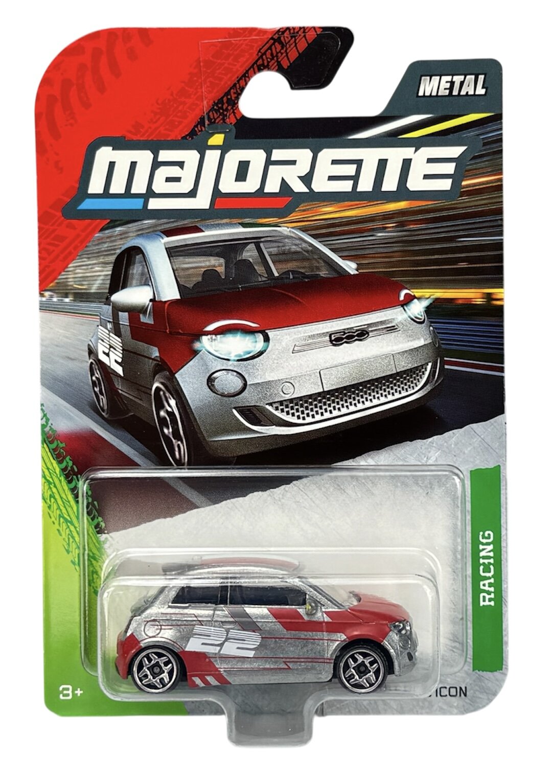 Opakowanie z metalowym modelem samochodu w skali 1:64, przedstawiające srebrno-czerwony pojazd z numerem 22 na boku. Na opakowaniu widnieje logo \'Majorette\' oraz napis \'Racing\'.