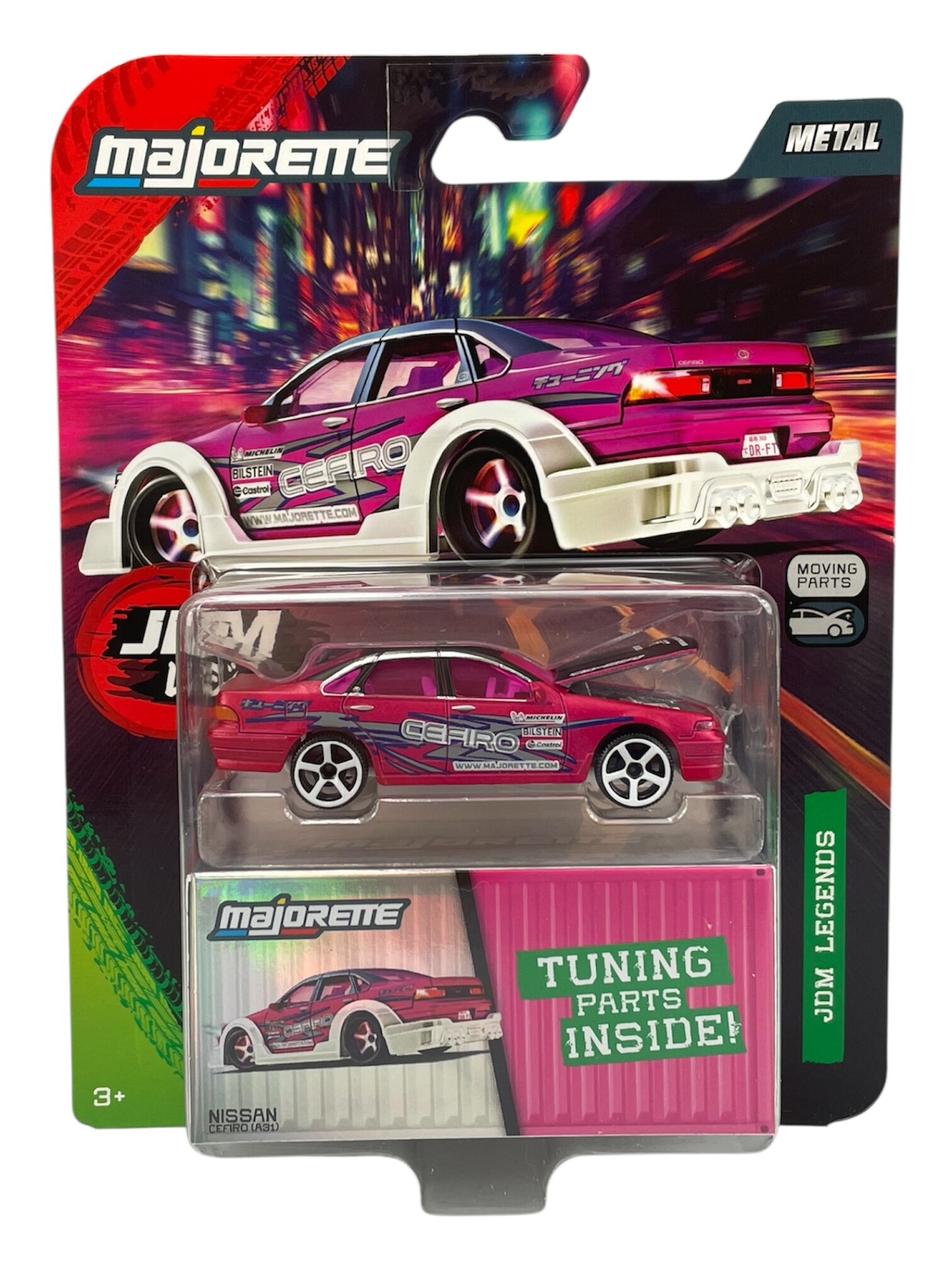 Opakowanie z metalowym modelem samochodu w skali 1:64, przedstawiające różowy samochód z napisem \'Cefiro\' i logo \'Majorette\'. Na opakowaniu widnieje tekst \'Tuning Parts Inside!\' oraz \'JDM Legends\'.