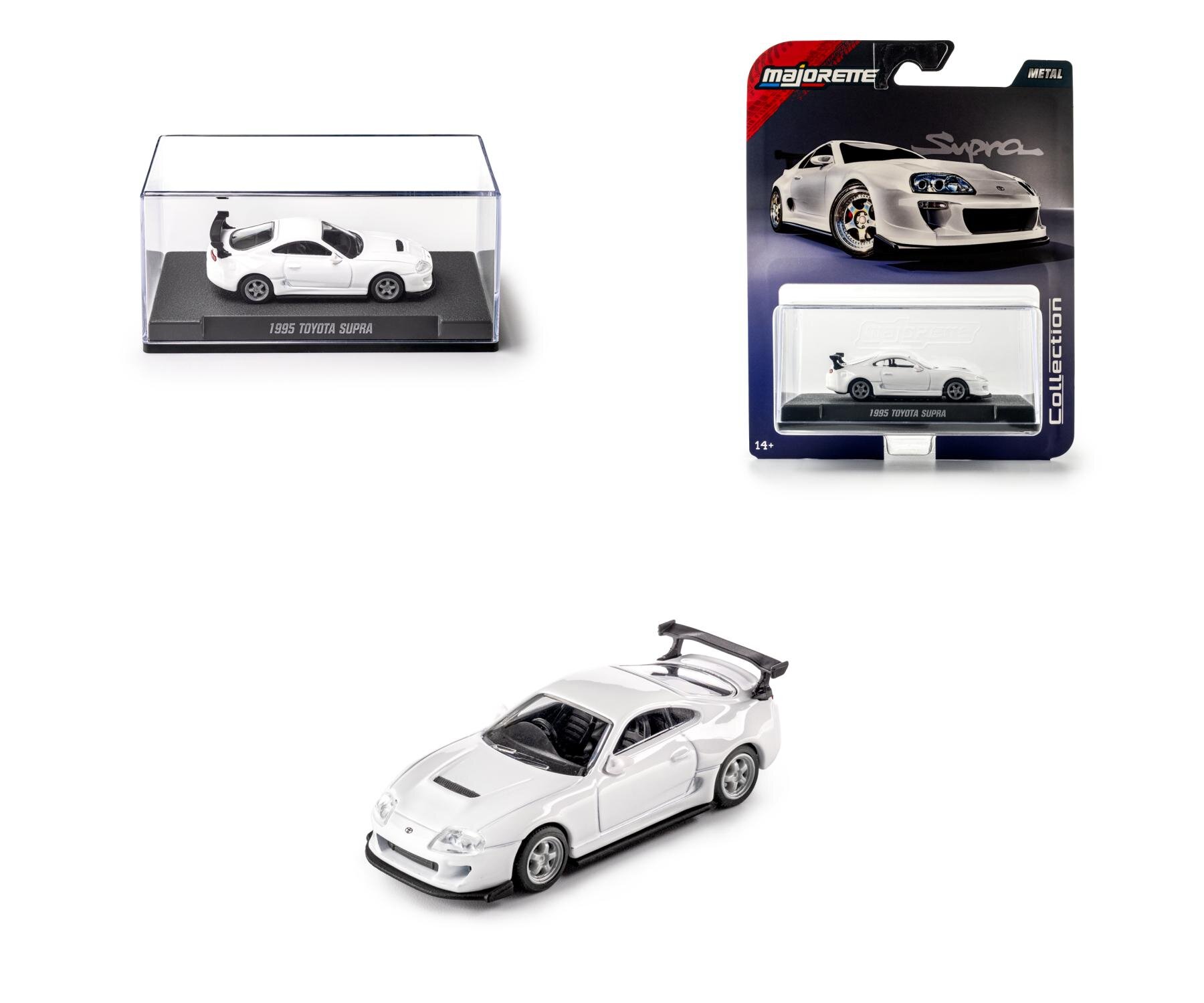 Na obrazie widoczne są trzy ujęcia modelu samochodu 1995 Toyota Supra w skali 1:64. Model jest biały, zapakowany w przezroczystą osłonę oraz na kartonowym opakowaniu z logo \'majorette\'.