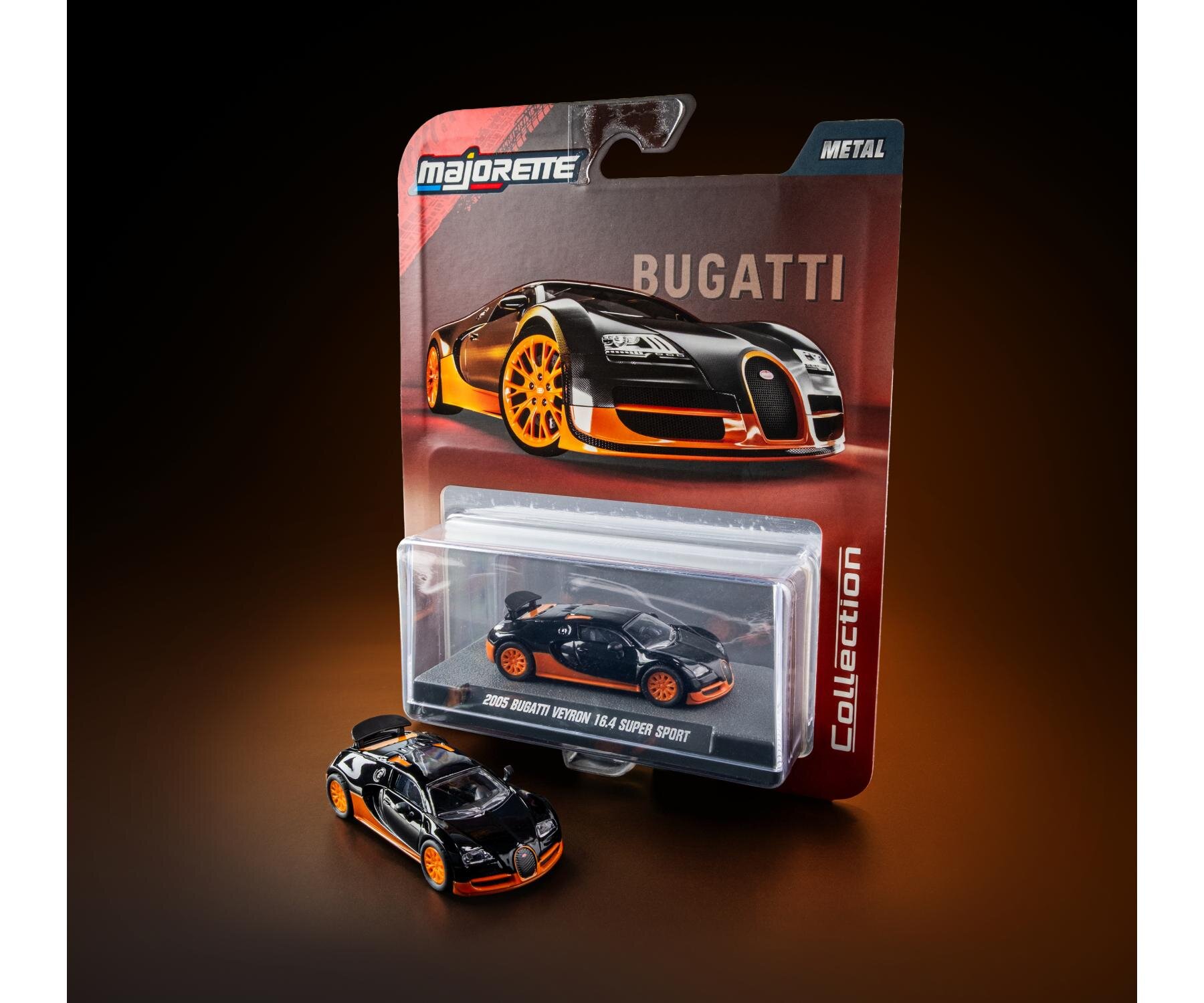 Zdjęcie przedstawia model samochodu Bugatti Veyron 16.4 Super Sport w skali 1:64, zapakowany w przezroczyste opakowanie z kartonowym tłem. Na opakowaniu widnieje napis \'Majorette\', \'Bugatti\' oraz \'2005 Bugatti Veyron 16.4 Super Sport\'.