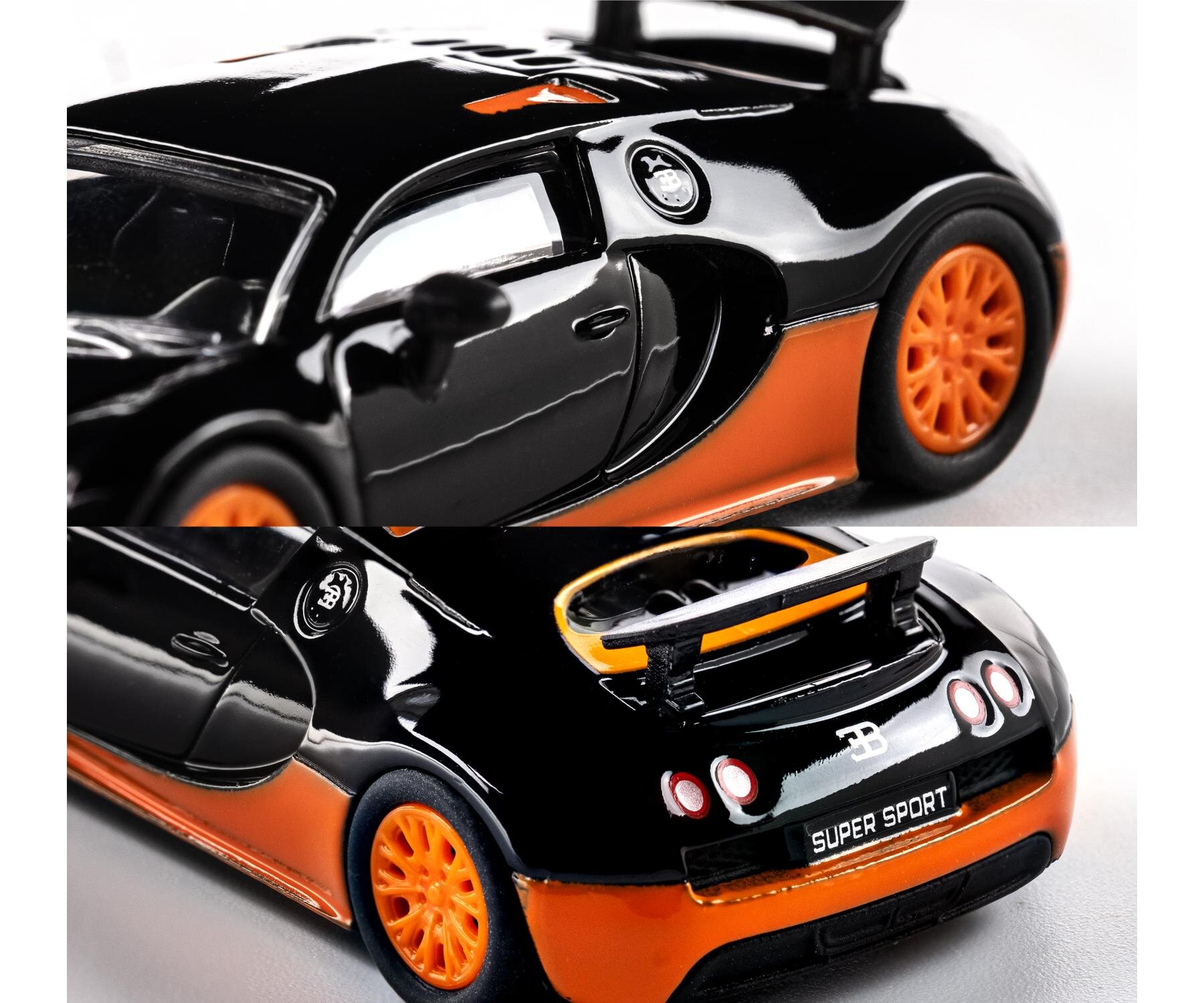 Model samochodu w skali 1:64 przedstawia czarno-pomarańczowy pojazd z widocznym logo \'B\' oraz napisem \'SUPER SPORT\' z tyłu. Samochód ma pomarańczowe felgi i szczegółowo odwzorowane elementy karoserii.