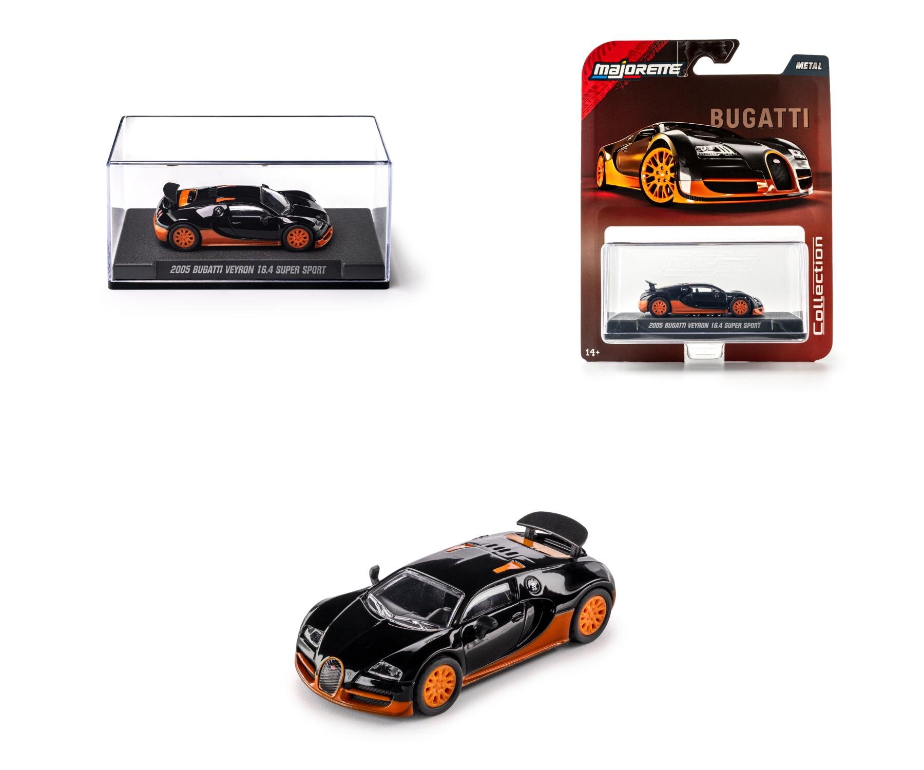 Na obrazie widoczny jest model samochodu Bugatti Veyron 16.4 Super Sport w skali 1:64, w kolorze czarnym z pomarańczowymi detalami, zaprezentowany w przezroczystej gablocie oraz na opakowaniu z logo \'majorette\'.