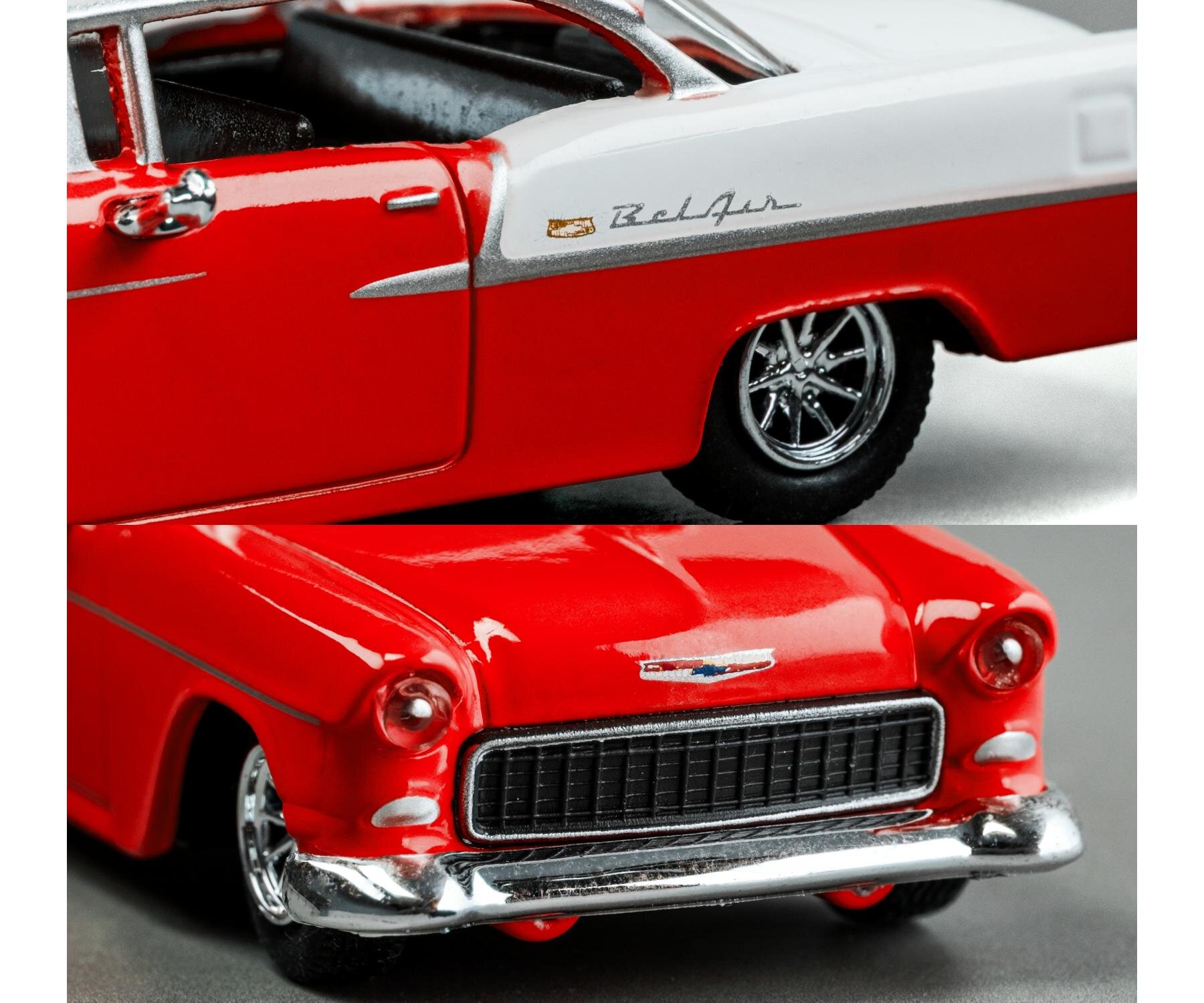 Model samochodu w skali 1:64 przedstawiający czerwony Chevrolet Bel Air z 1955 roku, z widocznym napisem \'Bel Air\' na boku. Przód pojazdu ma charakterystyczny grill i logo producenta.