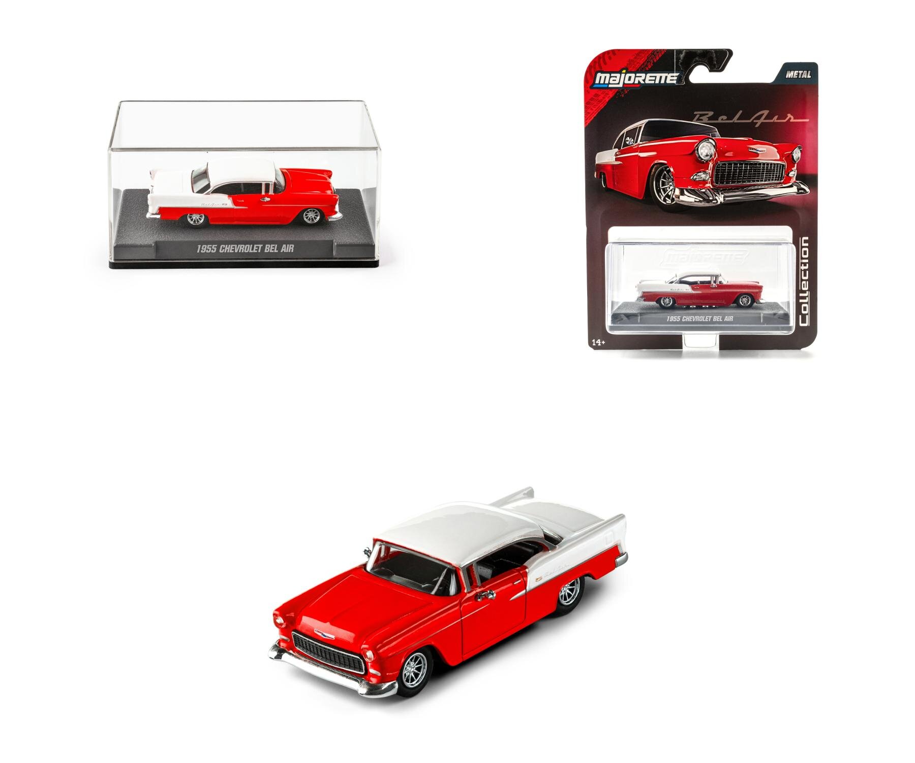 Na obrazie widoczny jest czerwony model samochodu 1955 Chevrolet Bel Air w skali 1:64, umieszczony w przezroczystej gablocie oraz w opakowaniu z logo \'majorette\'.
