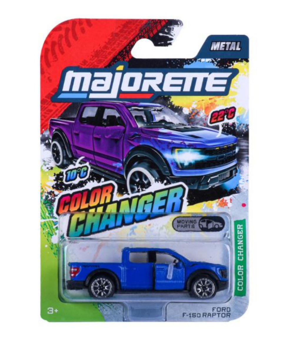 Opakowanie zabawki Majorette z modelem Ford F-150 Raptor w skali 1:64, z funkcją zmiany koloru. Na opakowaniu widoczny jest napis \'Color Changer\' oraz temperatura 10°C i 22°C.