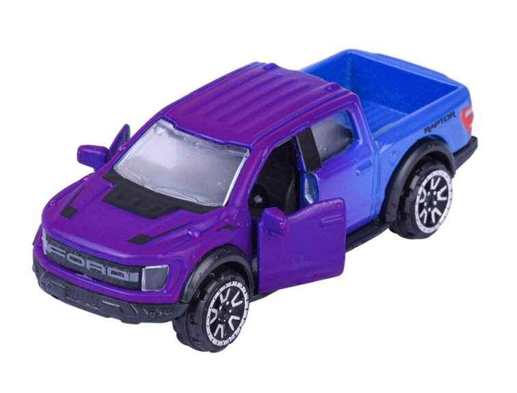 Metalowy model samochodu w skali 1:64, przedstawiający Ford F-150 Raptor w kolorze fioletowym z otwartymi drzwiami. Na masce widoczny jest napis \'FORD\'.