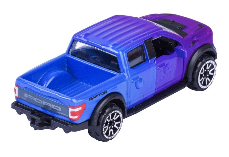 Model samochodu w skali 1:64 przedstawia Forda F-150 Raptor w kolorach niebieskim i fioletowym. Na tylnej klapie widoczny jest napis \'FORD\'.