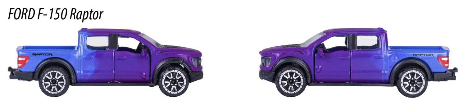 Dwa modele samochodu Ford F-150 Raptor w skali 1:64, w kolorze fioletowo-niebieskim, z widocznym logo \'Raptor\' na boku. Oba modele mają czarne felgi z białymi akcentami.