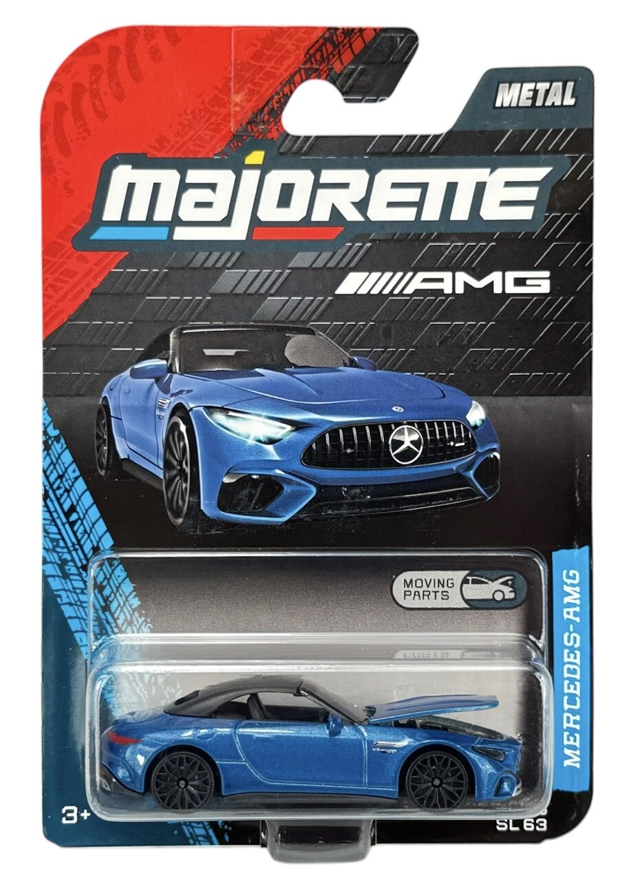 Opakowanie z metalowym modelem samochodu w skali 1:64, przedstawiające niebieski Mercedes-AMG SL 63. Na opakowaniu widoczne są napisy: \'majorette\', \'AMG\', \'METAL\', \'MOVING PARTS\', \'MERCEDES-AMG\', \'SL 63\'.