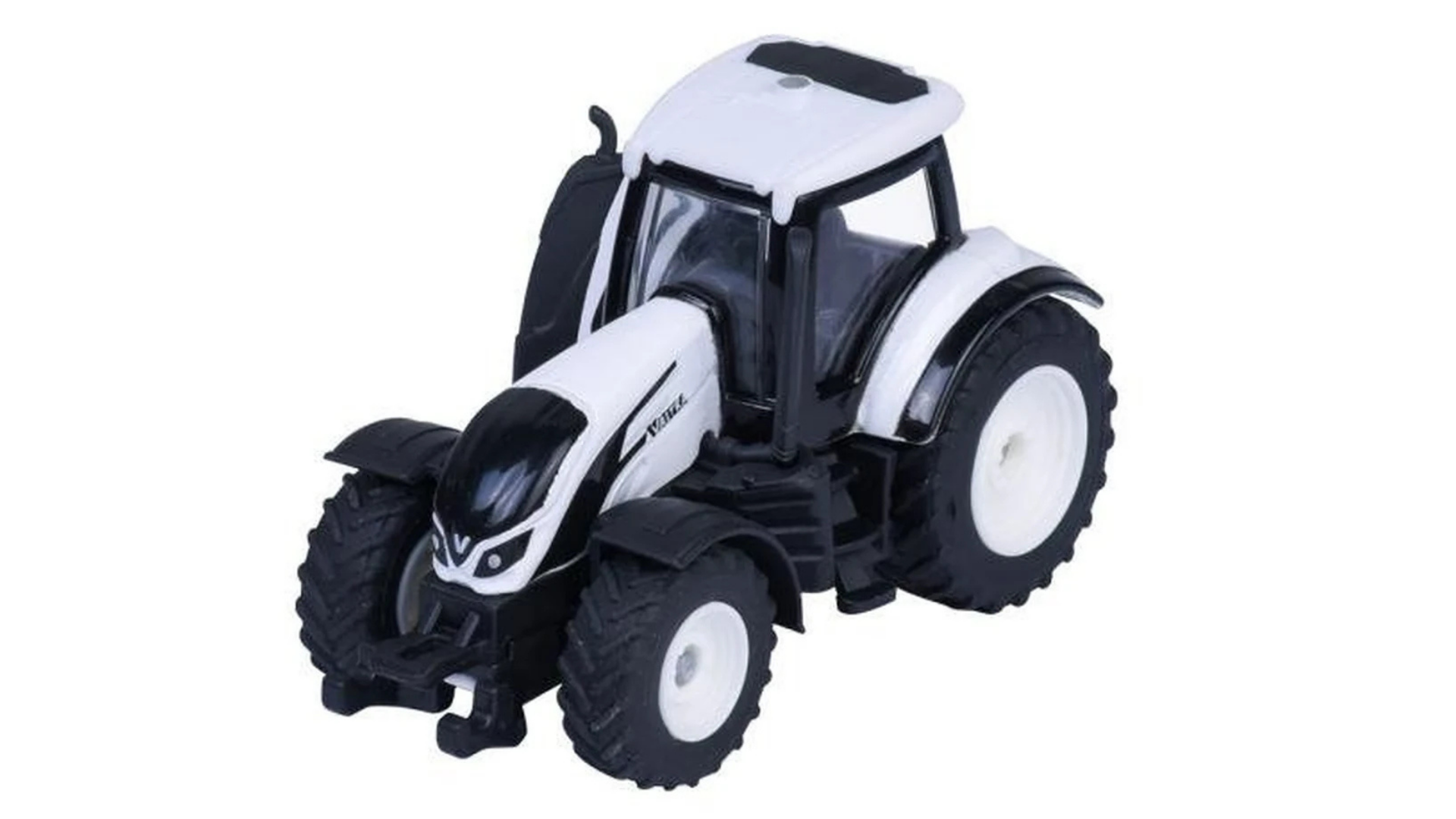 Model metalowego traktora w kolorze białym z czarnymi elementami, posiada duże koła i szczegółową kabinę. Na boku widoczny jest napis \'VALTRA\'.