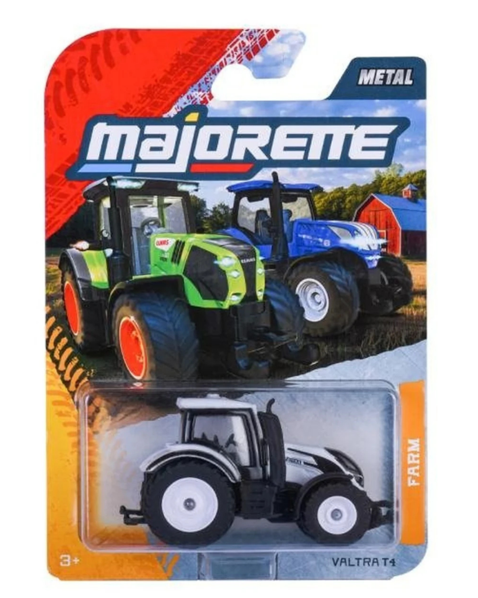 Opakowanie zabawki przedstawiające metalowy model traktora w kolorze białym z napisem \'Valtra T4\'. Na górze widoczne jest logo \'Majorette\' oraz napis \'METAL\'.