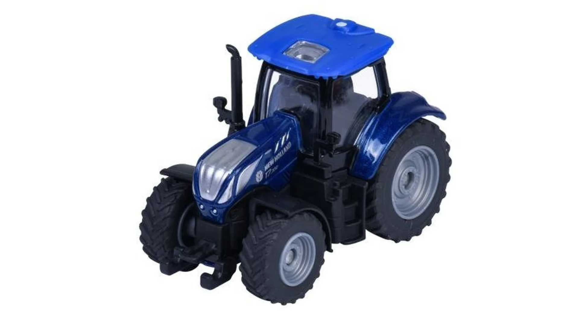 Metalowy model niebieskiego traktora z dużymi oponami i szczegółowymi elementami kabiny. Na masce widoczne są napisy i logo producenta.