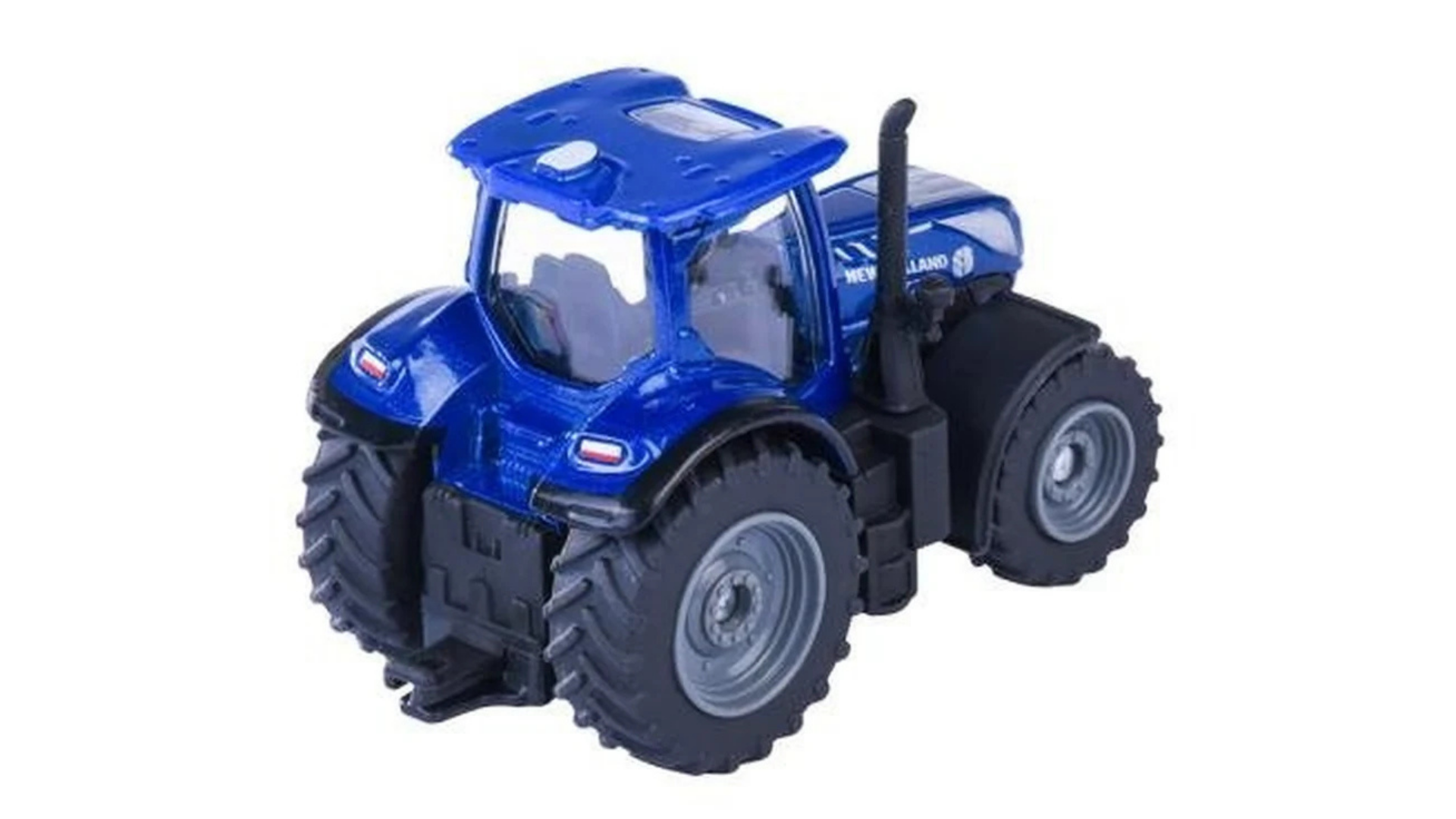 Metalowy model niebieskiego traktora z dużymi czarnymi oponami i kabiną. Na boku widoczne jest logo \'New Holland\'.