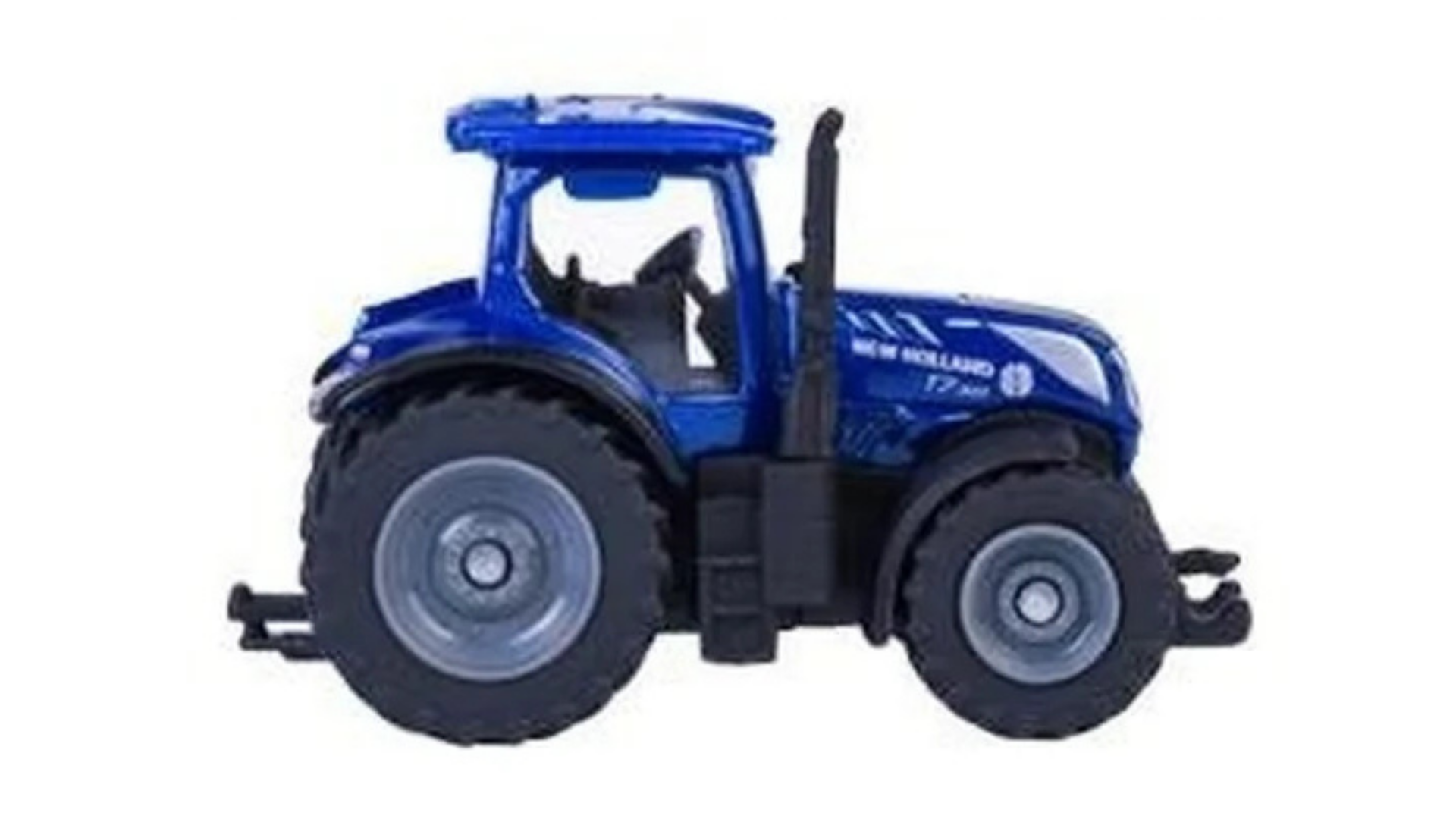 Metalowy model niebieskiego traktora z dużymi czarnymi oponami i napisem \'NEW HOLLAND T7.300\' na boku.