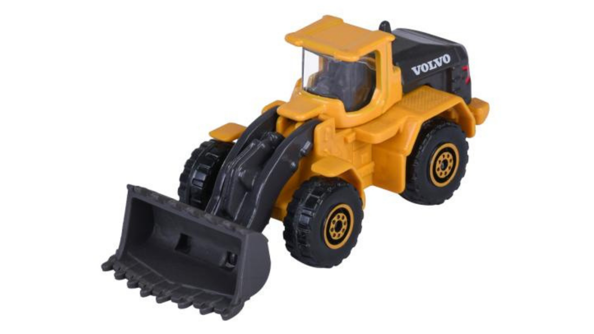 Metalowy model ładowarki w kolorze żółtym z czarnymi elementami, z widocznym logo \'VOLVO\' na boku.
