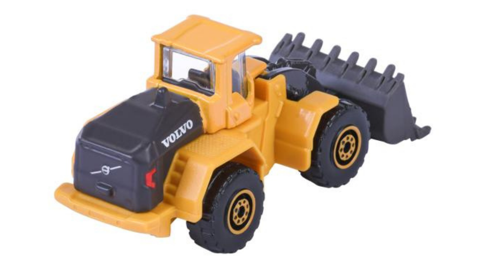 Metalowy model ładowarki w kolorze żółtym z czarnymi elementami, z widocznym logo \'VOLVO\' na boku. Posiada szczegółowe detale, takie jak koła i łyżka z przodu.