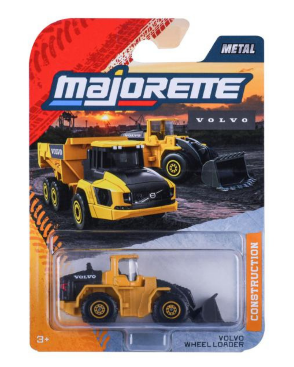 Opakowanie z metalowym modelem ładowarki Volvo L350H w skali 1:143, z widocznym logo Majorette i Volvo. Na opakowaniu znajduje się napis \'CONSTRUCTION\' oraz \'VOLVO WHEEL LOADER\'.