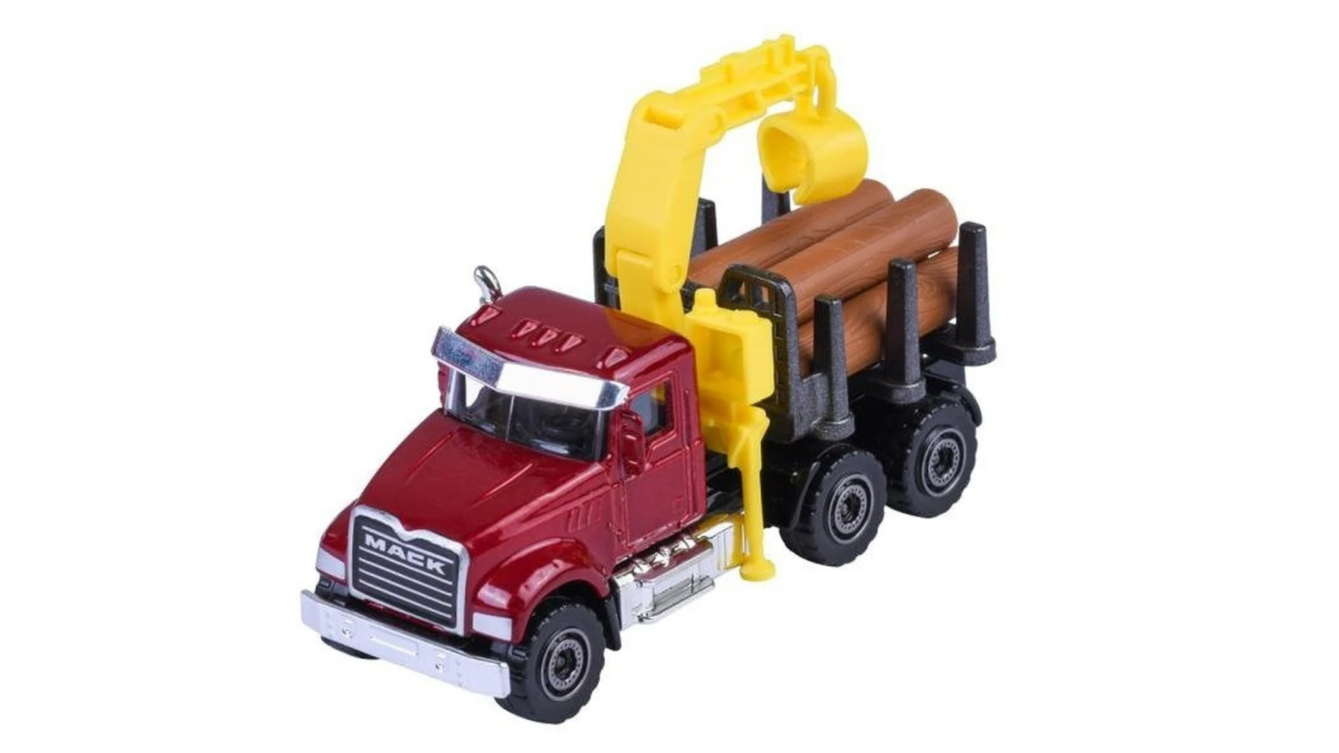 Metalowy model czerwonej ciężarówki z żółtym dźwigiem i drewnianymi belkami na platformie. Na przodzie pojazdu widoczne jest logo \'Mack\'.