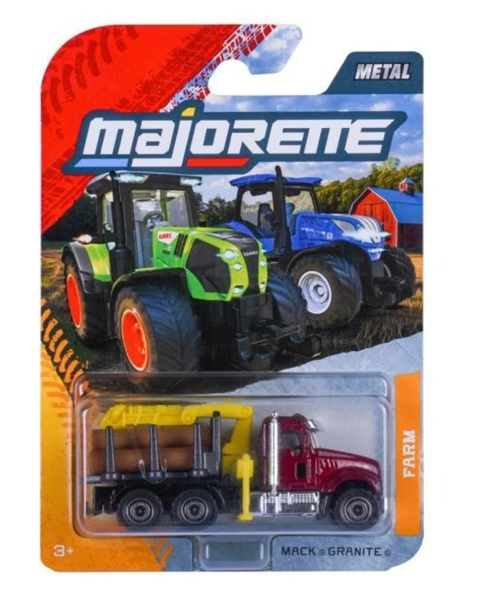 Opakowanie zabawki Majorette z metalowym modelem ciężarówki Mack Granite w kolorze czerwonym. Na opakowaniu widoczne są również ilustracje dwóch traktorów oraz napis \'FARM\'.