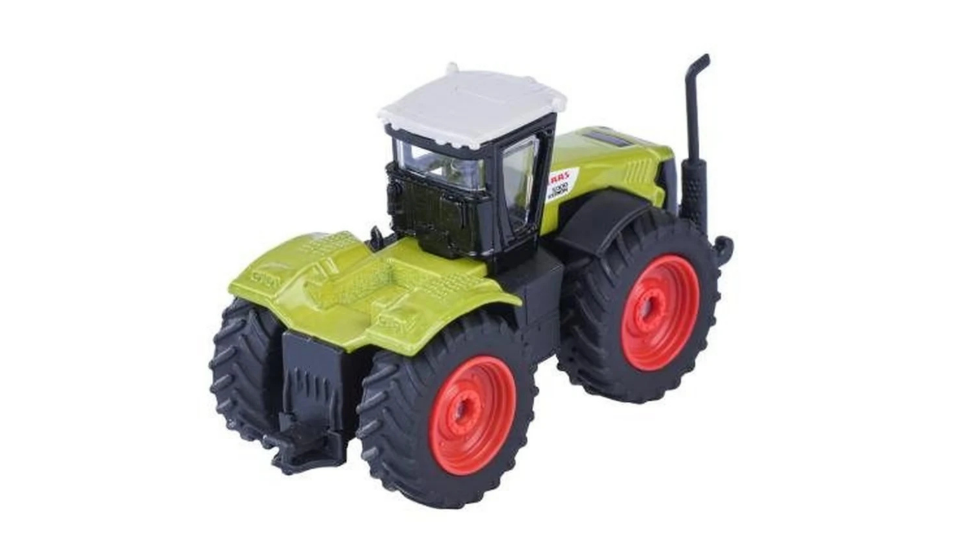 Zielony model traktora z białą kabiną i czerwonymi kołami. Na kabinie widoczny jest napis \'CLAAS XERION 5000\'.