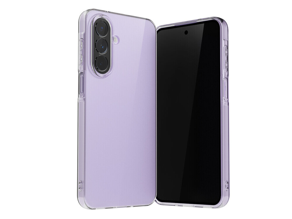 Przezroczyste etui na telefon z trzema wycięciami na aparaty, widoczne na fioletowym tle. Obok znajduje się telefon z czarnym ekranem, umieszczony w etui.
