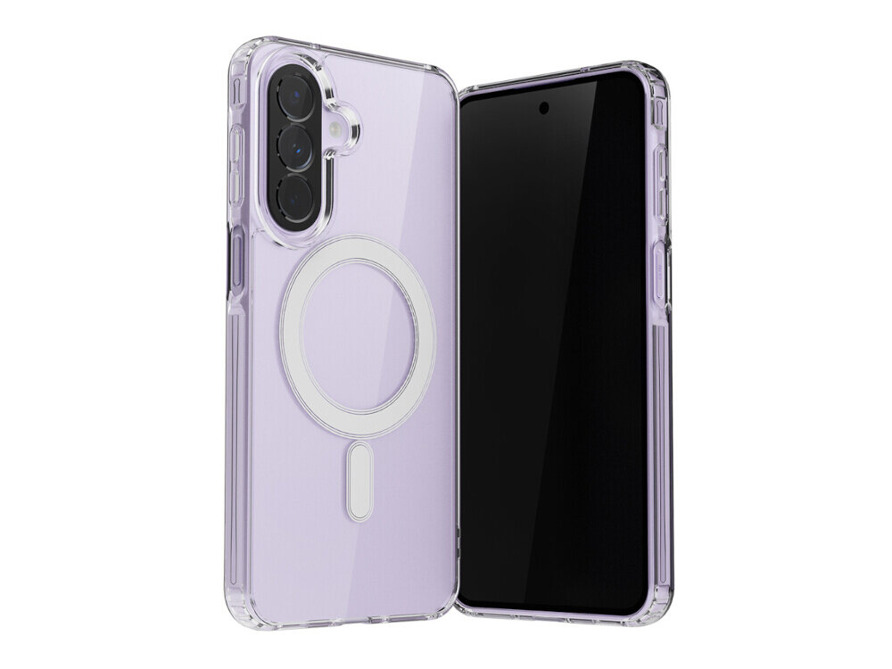 Przezroczyste etui na telefon z widocznym okrągłym wzorem MagSafe. Etui jest otwarte, ukazując miejsce na aparat i ekran telefonu.
