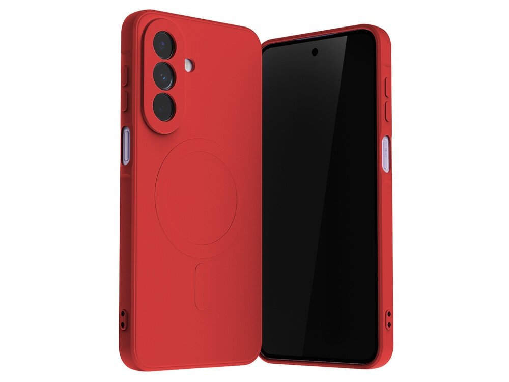 Czerwone etui na telefon z trzema otworami na aparaty i okrągłym wzorem na tylnej części. Obok etui znajduje się telefon z czarnym ekranem.