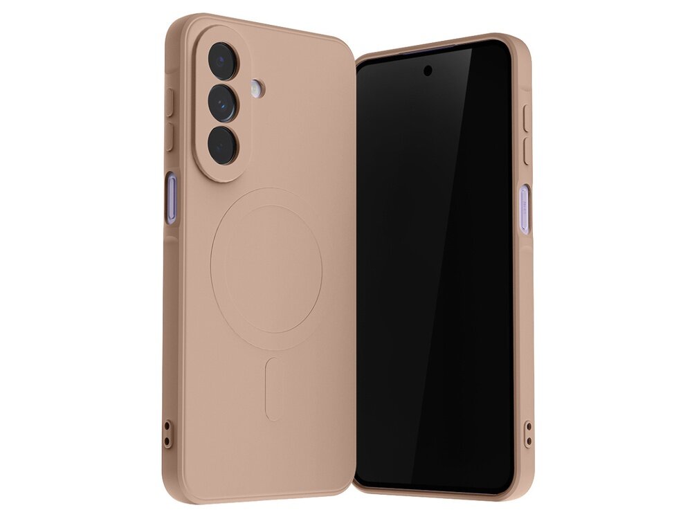 Różowe etui na telefon z trzema otworami na aparaty i okrągłym wzorem na tylnej części. Obok etui widoczny jest telefon z czarnym ekranem.