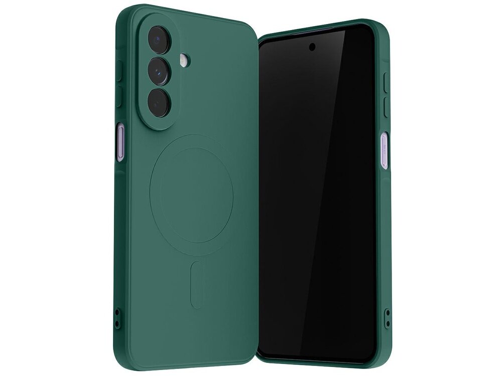 Zielone etui na telefon z trzema otworami na aparat i okrągłym wzorem na tylnej części. Obok etui widoczny jest telefon z czarnym ekranem.