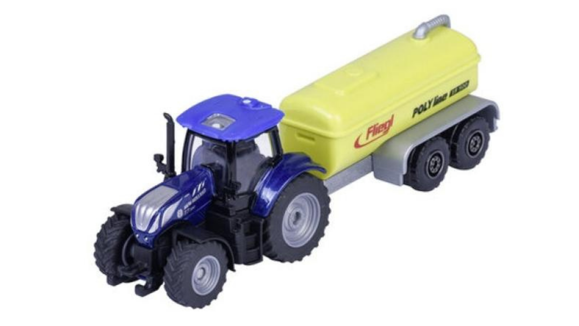 Model metalowego traktora z niebieską kabiną i żółtą cysterną na dwóch kołach. Na cysternie widoczny jest napis \'Fliegl POLY liner cistern\'.