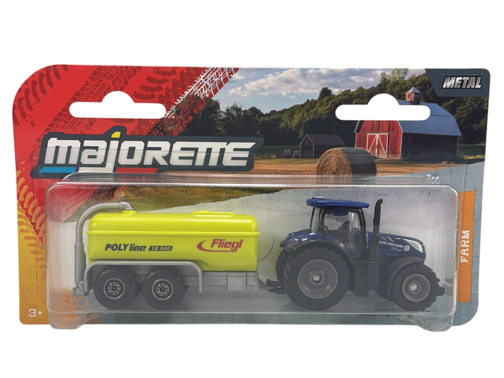 Opakowanie zabawki Majorette z metalowym modelem traktora New Holland T7.330 z żółtą cysterną oznaczoną napisami \'POLY line 18.500\' i \'Fliegl\'. W tle widoczna jest ilustracja farmy z czerwonym budynkiem i belami siana.