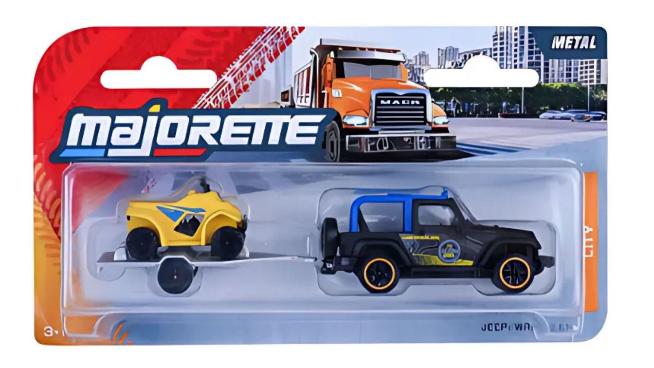 Opakowanie z metalowym modelem Jeepa Wrangler i żółtym pojazdem terenowym. Widoczne logo \'Majorette\' oraz napis \'METAL\'.