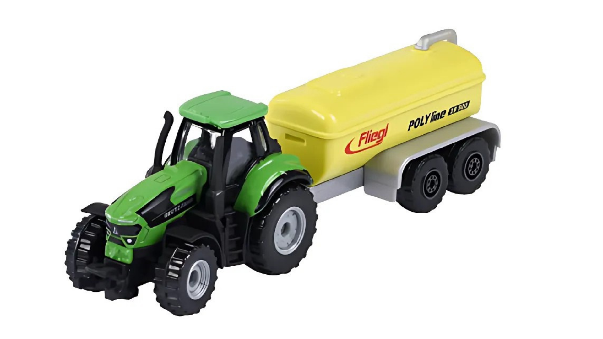 Zielony traktor z przyczepą w kolorze żółtym, na której widnieje napis \'Fliegl POLYline\'.