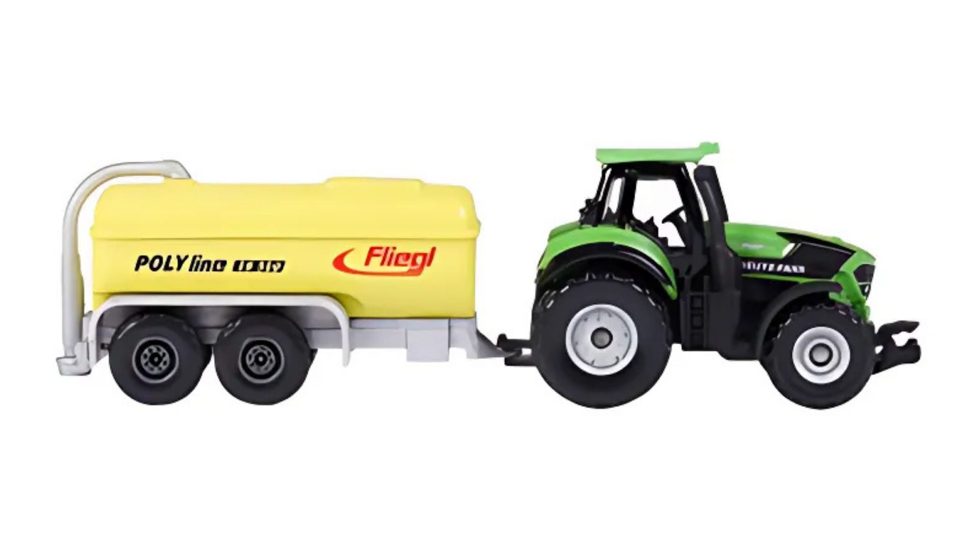Model metalowego traktora w zielonym kolorze z przyczepą w żółtym kolorze z napisem \'POLY lino Fliegl\'.