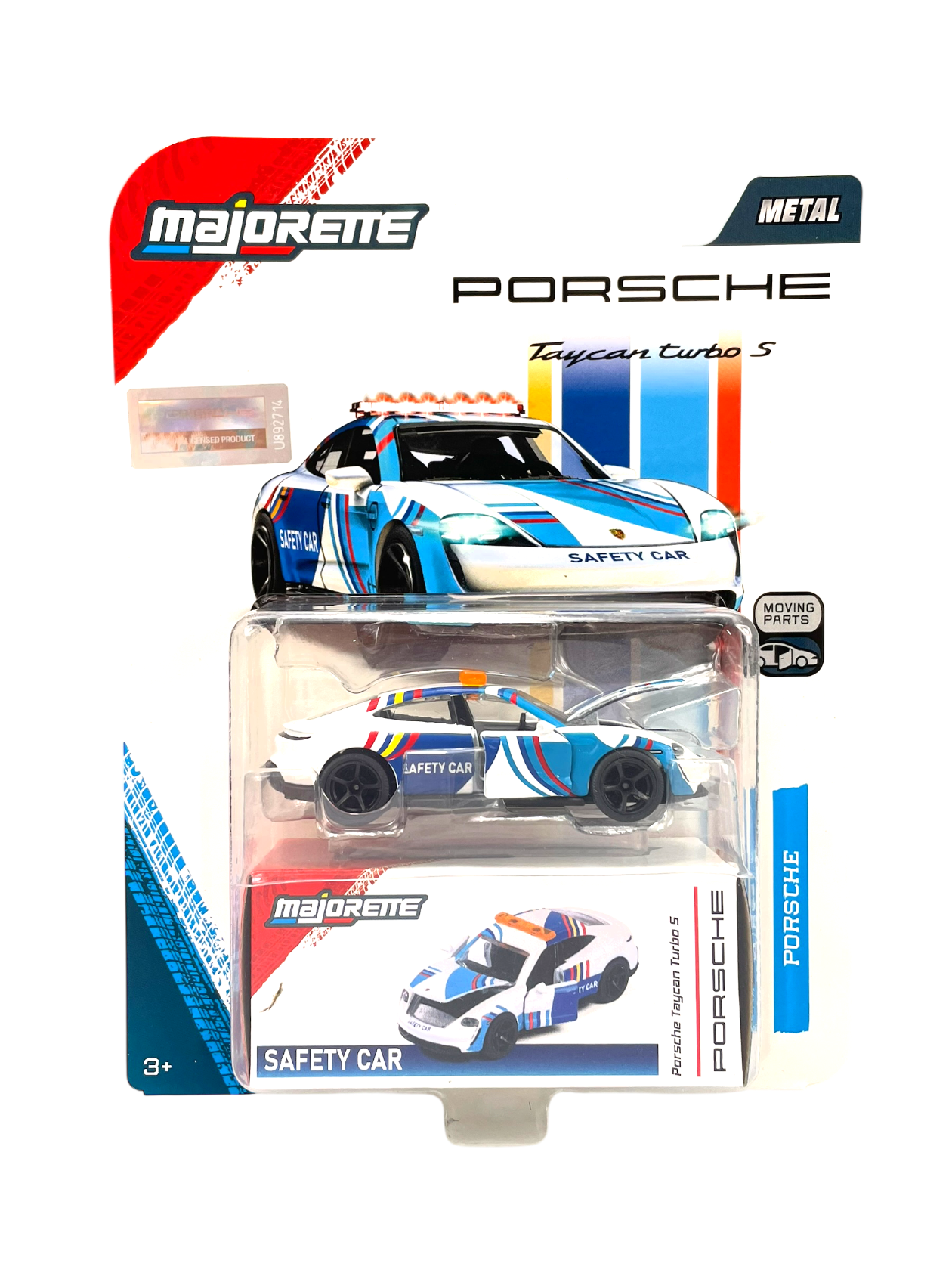 Opakowanie modelu samochodu Majorette Porsche Taycan Turbo S Safety Car 1:64 z widocznym pojazdem w przezroczystym pudełku. Na opakowaniu znajdują się napisy: \'Majorette\', \'Porsche\', \'Taycan turbo S\', \'SAFETY CAR\' oraz \'METAL\'.