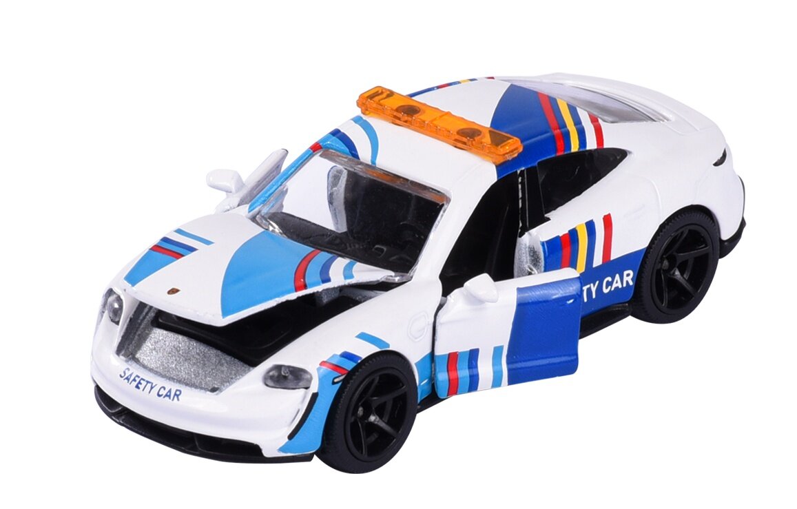 Model samochodu w skali 1:64 przedstawiający Porsche Taycan Turbo S w wersji Safety Car, z otwartymi drzwiami i maską. Na białym nadwoziu widoczne są kolorowe pasy oraz napis \'SAFETY CAR\'.