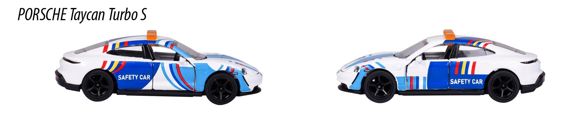 Dwa modele samochodów w skali 1:64 przedstawiające Porsche Taycan Turbo S w wersji Safety Car, z białym nadwoziem i niebieskimi oraz czerwonymi paskami. Na bokach widoczny jest napis \'SAFETY CAR\'.