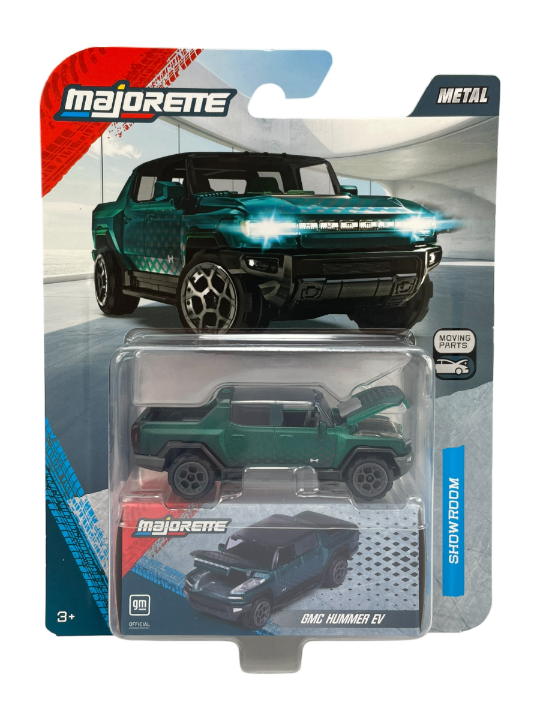 Opakowanie z metalowym modelem samochodu w kolorze zielonym, oznaczone logo \'Majorette\' i napisem \'GMC Hummer EV\'. Widoczny jest również napis \'SHOWROOM\' oraz symbol \'MOVING PARTS\'.